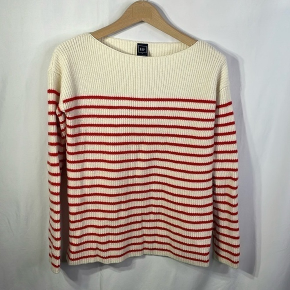 Gap, red and cream, striped boat neck sweater wool blend